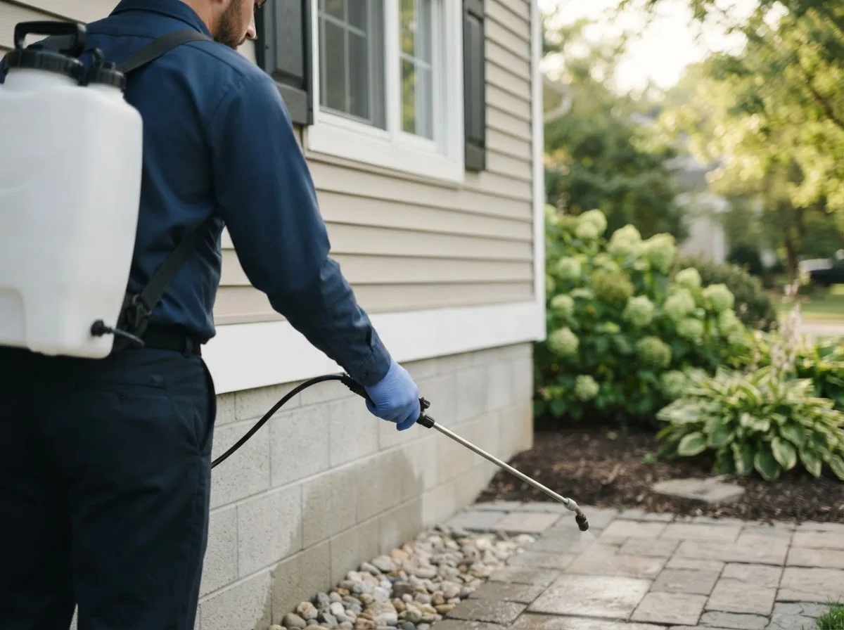 Pest control technician inspecting a home in Hillsdale, IL